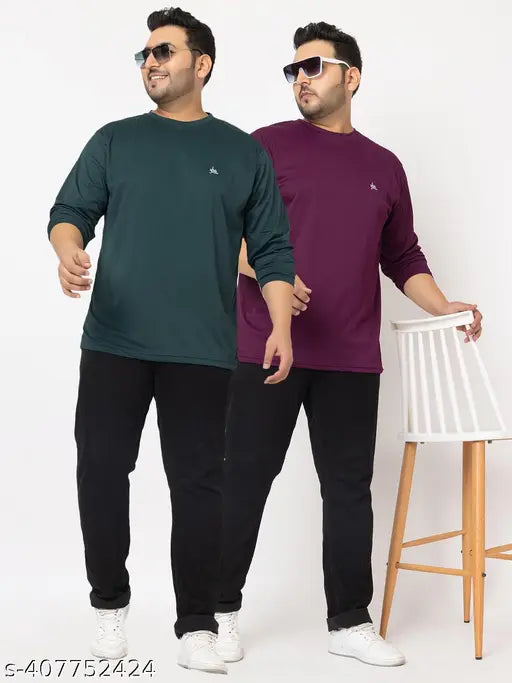 Indian-made plus size solid round neck cotton t-shirts for men, long sleeves, L, XL, XXL - perfect for college, work, sports, or travel