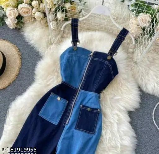 Multi-colored denim sleeveless colorblocked jumpsuit for women, showcasing vibrant hues and Indian craftsmanship