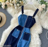 Multi-colored denim sleeveless colorblocked jumpsuit for women, showcasing vibrant hues and Indian craftsmanship