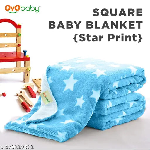Star blue fleece geometric baby blanket (75cm x 100 cm), ideal for heavy winter, promoting comfortable sleep for babies aged 9 months, made by OYO BABY brand from India