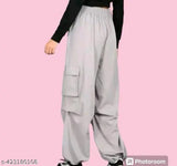 Stylish grey polyester pants for girls, solid design for activewear, Indian-made cargo style