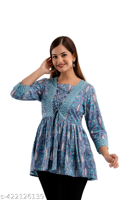 Blue, pure cotton DMP women's floral printed Dori fitting top with three-quarter sleeves, trendy clothing on hanger