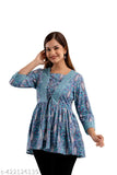 Blue, pure cotton DMP women's floral printed Dori fitting top with three-quarter sleeves, trendy clothing on hanger