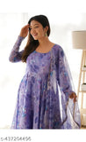 Blue Georgette Gown with Flower Print & Dupatta, Indian ethnic wear for women's functions, events, or everyday style
