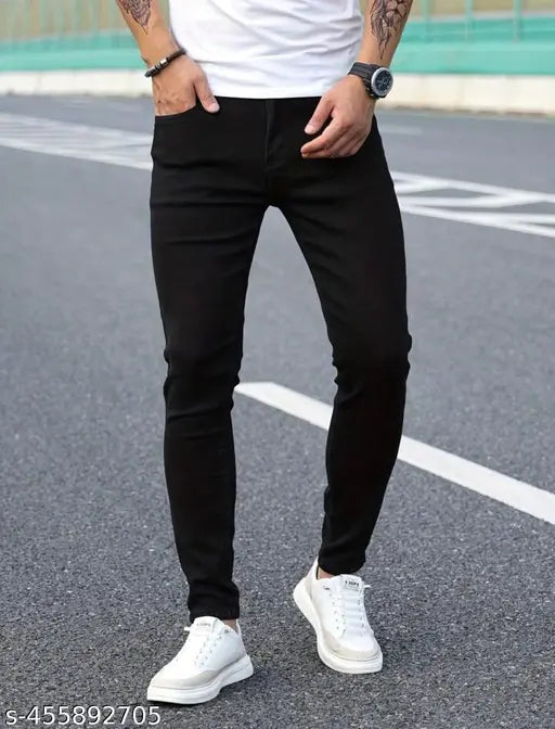 Black denim jeans for men, dyed/washed, size 32 (waist 32in, length 40in, hip 36in), Made in India