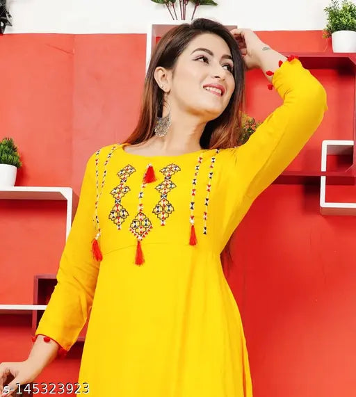 Ethnicawear Women's Long Anarkali Rayon pleated kurti with embroidered sleeves, Indian fashion for functions and weddings