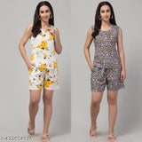 Printed crepe top and shorts set for women, four piece summer outfit on hanger, India-made fashionable clothing
