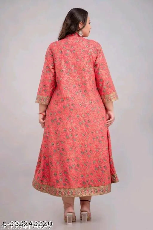 Rayon printed Anarkali kurti with three-quarter sleeves for women, Indian fashion on mannequin