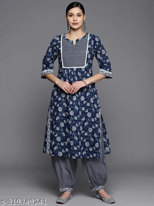 UniQco Women's Jaipuri Printed Pure Cotton Kurta and Palazzos Set, blue straight-fit cotton kurta with three-quarter sleeves on display