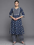 UniQco Women's Jaipuri Printed Pure Cotton Kurta and Palazzos Set, blue straight-fit cotton kurta with three-quarter sleeves on display