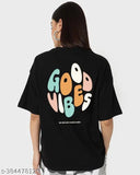 Oversize women's black cotton blend typography round neck T-shirt with printed design, suitable for casual wear and fashionable occasions
