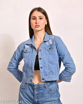 Denim long sleeve blue jacket for women, trendy design with solid pattern, India-origin