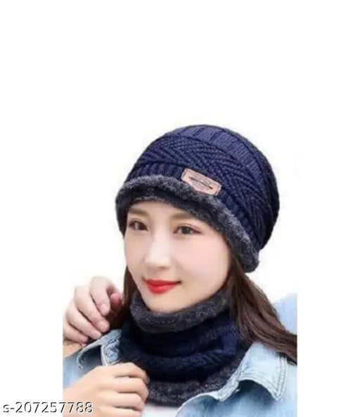 Blue wool cap set, onesize fur pattern in vibrant blue color, handmade from India