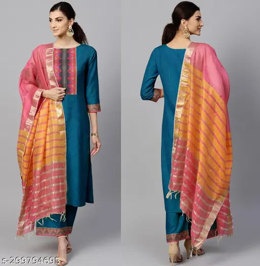 Teal embroidered cotton kurti set with dupatta and bottomwear, pack of 3 for women, India origin