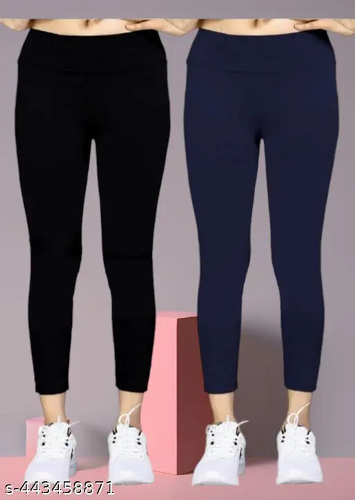 Cotton blend solid net stylish women's jeggings (2 PCS combo, black & navy) from India