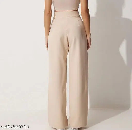Beige cotton blend casual and formal trousers for women, Velcro closure, versatile for daily wear