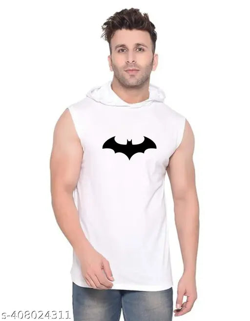White polyester Fabstieve Bat printed men's sleeveless gym t-shirt, trendy self-design pattern on chest
