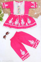 Pink Rayon 5 Star kids naira ethnic set, embellished net bottom pattern, suitable for 1-2 years old