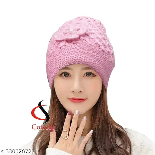 Woolen knitted warm cap, soft feel textured beanie hat for women, Made in India
