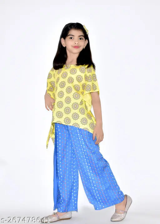 Nylon printed top & palazzo bottom set for girls, vibrant ethnic kaftan design, pack of 2 sizes available