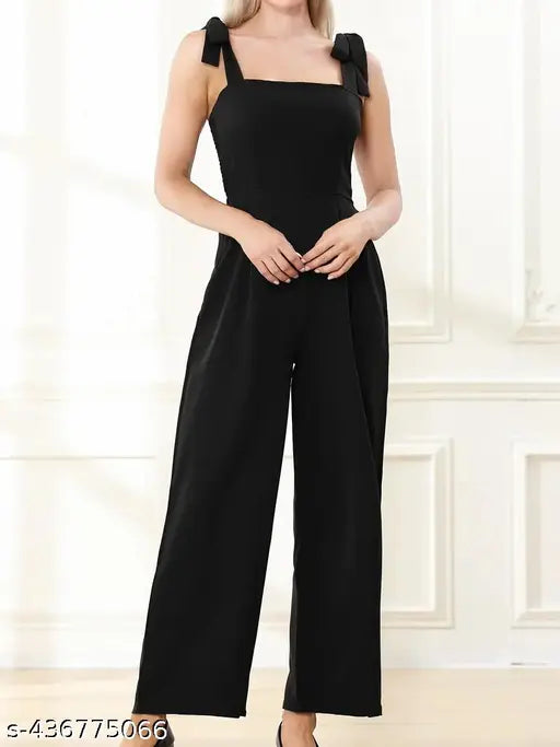 Lycra pink & black shoulder tie jumpsuit with off-the-shoulder design, sleeveless, high waist, zipper, casual, regular fit, slight stretch. Made in India