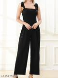 Lycra pink & black shoulder tie jumpsuit with off-the-shoulder design, sleeveless, high waist, zipper, casual, regular fit, slight stretch. Made in India