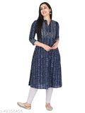 Indigo blue motif print cotton A-line Kurta for women, three-quarter sleeves - India's latest fashion trend in daily wear