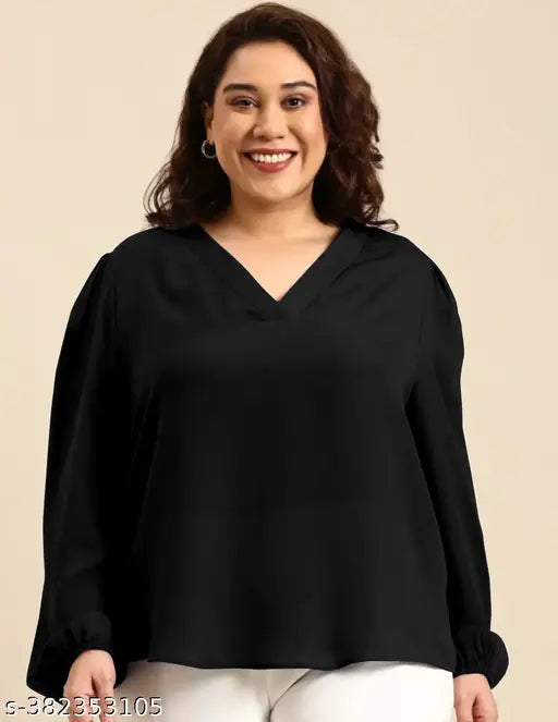 Georgette plus size V-neck top, long sleeves, solid color, fashionable party wear, India origin
