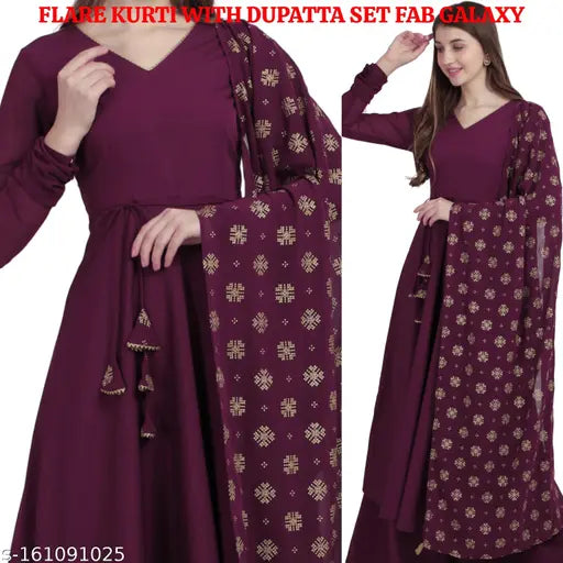 Wine crepe Anarkali kurti with gota patti print, Georgette dupatta set by Fab Galaxy