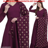 Wine-colored Anarkali kurti set with dupatta, gota patti print on georgette. Women's crepe kurti with matching dupatta by Fab Galaxy