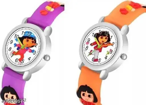 Multicolor silicone strap, stainless steel oval case Orange Purple Dora unisex casual watch with white dial and cartoon character design