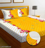 Yellow Glace Cotton Fitted King-Size Bedsheet, Floral Print, 2 Pillow Covers, 8 inches Mattress, Lightweight & Breathable