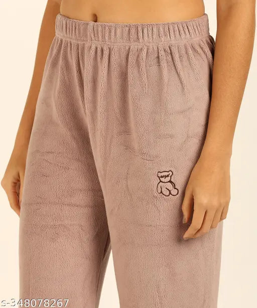 Soft & thick woolen fleece fluffy pajama pants for women, ideal for winter and changing weather. Elastic waist 28-38 inches, length 39 inches