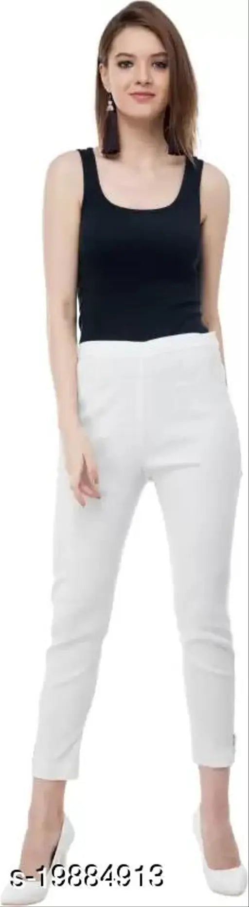 White cotton blend women's trousers/pants by Fashionalbel, featuring cotton lycra for comfort and a solid net pattern