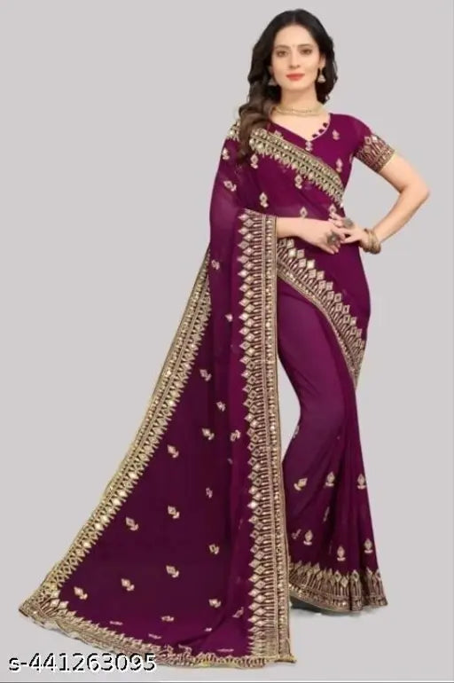 Embroidered Georgette wedding sari with 5.5m length, floral design, and separate blouse piece for custom fit. Indian-made traditional attire for religious celebrations or weddings
