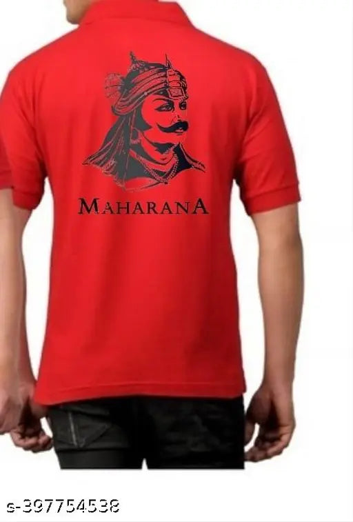 Rajputana Maharana Paratap printed red v-neck t-shirt for men, dry fit fabric, collared neck, short sleeves