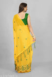 Embroidered super net sari with heavy plain banglory silk blouse, multi thread embroidery work in mustard yellow, off white, black, and sky blue