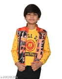 Stylish boys' cotton combo set, long sleeve T-shirt with cut sleeve jacket. Printed design may vary. 2-3 Years (Chest 23in, Length 15in, Waist 22in), Indian origin