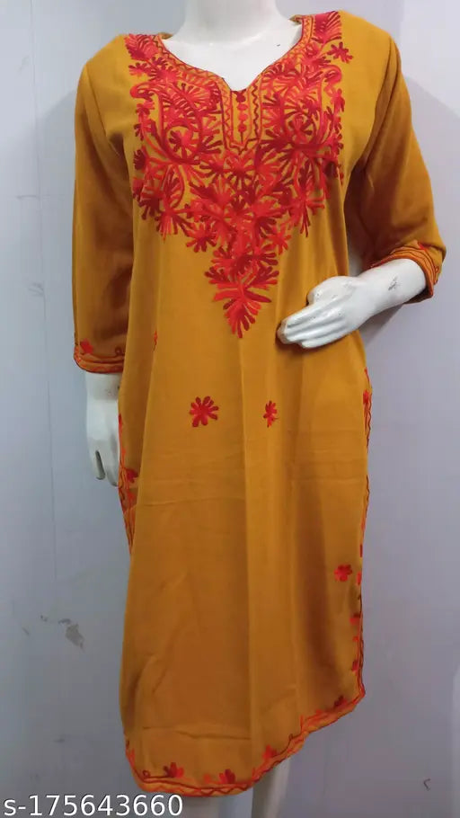Mustard over red embroidered woolen kurti for women, three-quarter sleeves in trendy Indian fashion