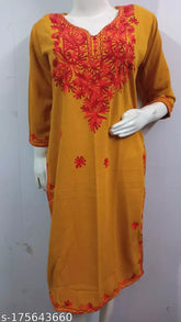 Mustard over red embroidered woolen kurti for women, three-quarter sleeves in trendy Indian fashion