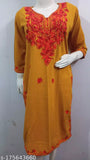 Mustard over red embroidered woolen kurti for women, three-quarter sleeves in trendy Indian fashion