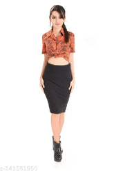 Black polyester solid pencil skirt, women's fashion apparel, XS to XXL sizes available
