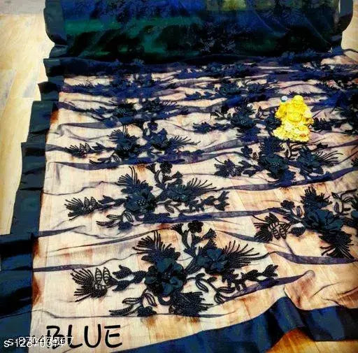 Trendy navy blue net saree with dupion silk blouse, embroidered and solid pattern, free size, Indian origin