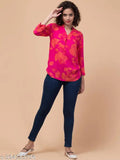 Fuchsia pink, rayon slub sleeve, printed floral women's top with 3/4 sleeves - Hive91 brand, elevated casual wear