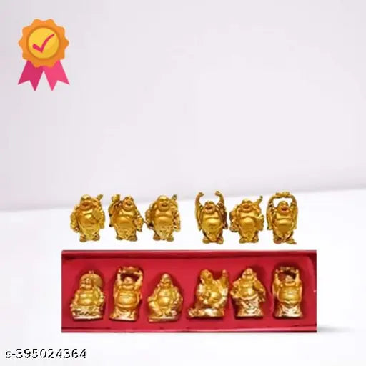 Stainless steel Laughing Buddha figurine set with 6 different poses, enhancing prosperity and good luck for home or office decor
