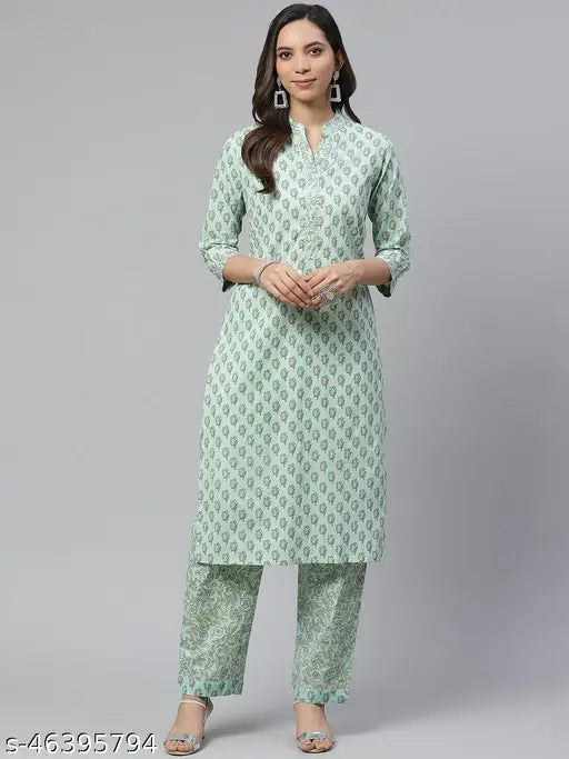 Divena sea green cotton printed kurti pant set, floral print with gota work detailing, formal and informal occasion wear from India
