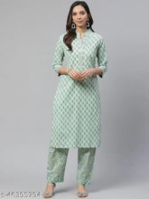 Divena sea green cotton printed kurti pant set, floral print with gota work detailing, formal and informal occasion wear from India