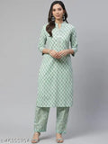 Divena sea green cotton printed kurti pant set, floral print with gota work detailing, formal and informal occasion wear from India