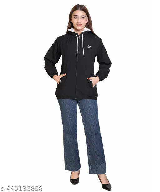 Women's polyester full-sleeve winter windcheater jacket, trendy self-design pattern, regular fit on model