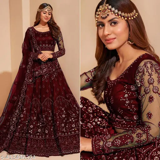 Embroidered lehenga choli set in net fabric, semi-stitched (Sizes: 42" waist, 42" length), adorned with intricate patterns, India